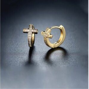 NEW• 18K GOLD PLATED CROSS HOOP SWAROVSKI CRYSTAL EARRINGS